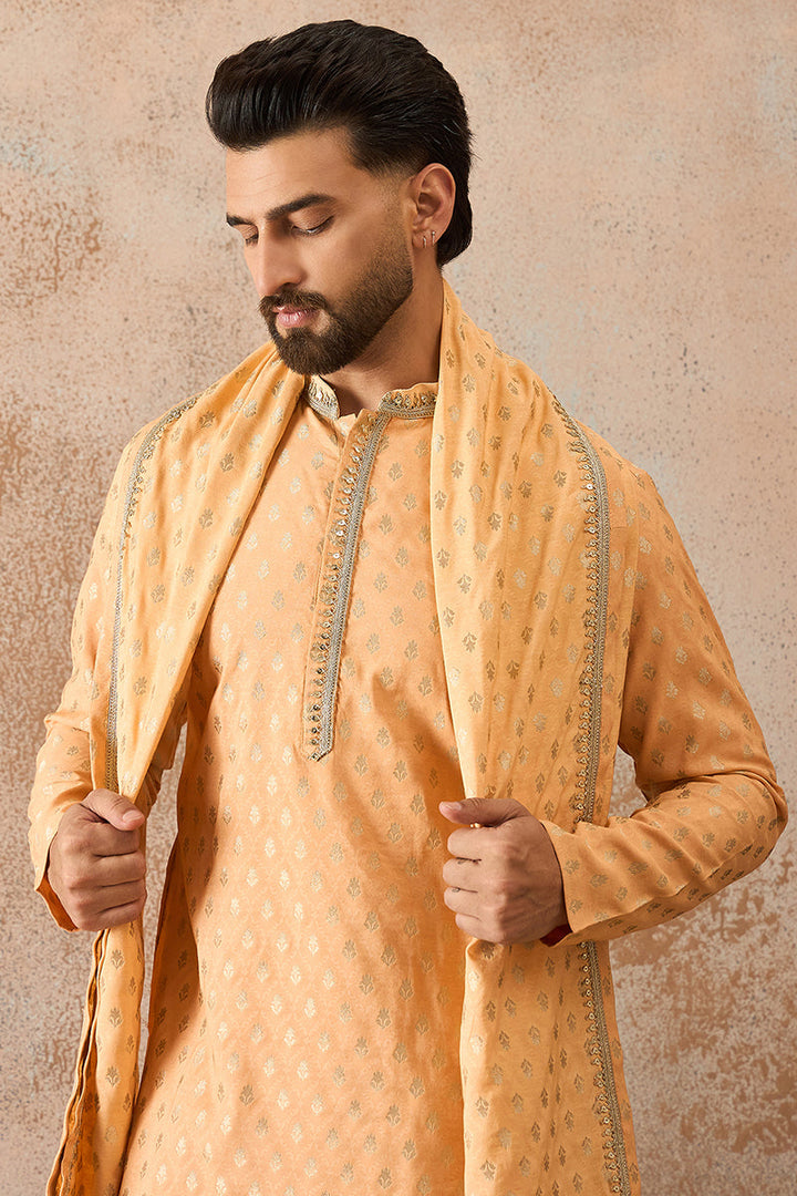 Men Peach Jacquard Woven Design Floral Straight Kurta Sets | SHOBITAM