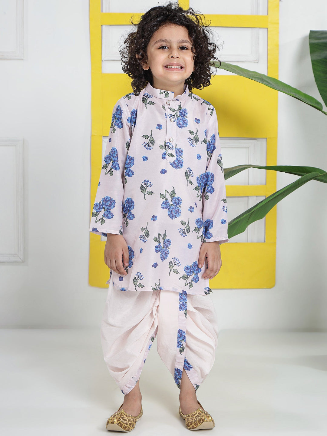 Rose Water Floral Muslin Kurta with Cotton Dhoti | SHOBITAM