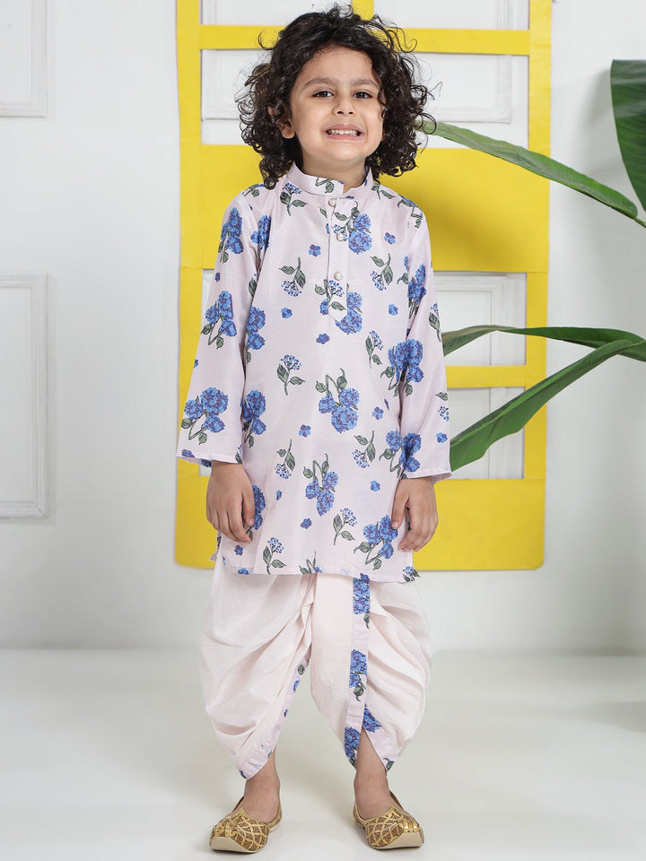 Rose Water Floral Muslin Kurta with Cotton Dhoti | SHOBITAM