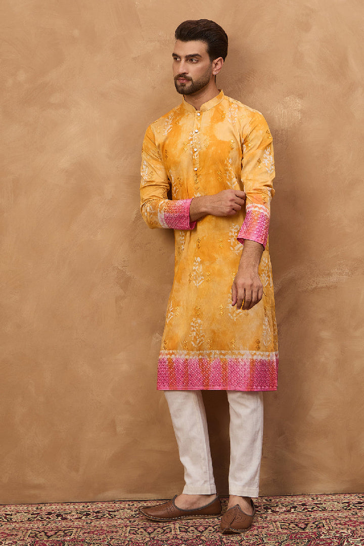Yellow Silk Blend Batik Embroidered Straight Kurta  | SHOBITAM