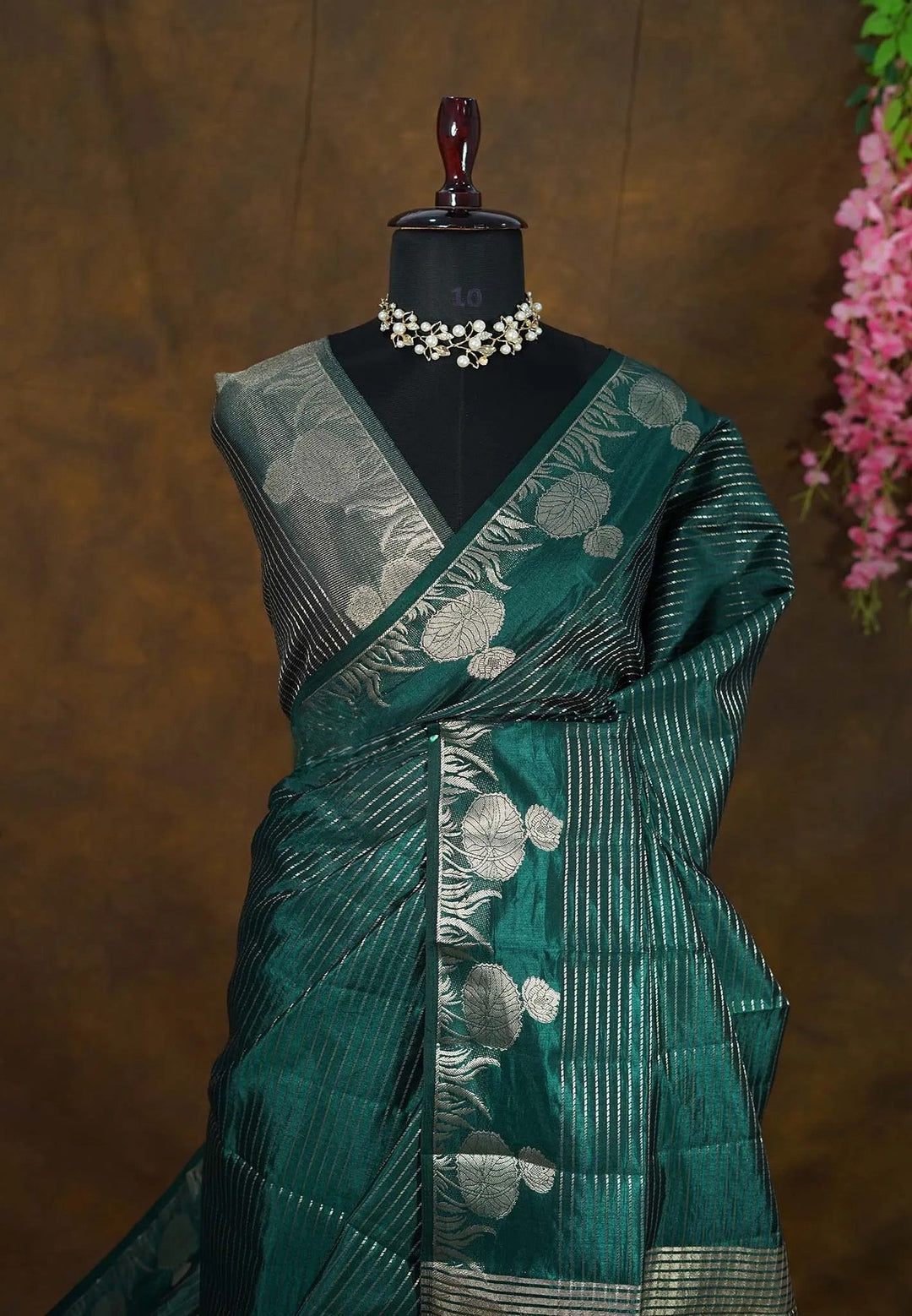 Hunter Green Zari Stripes Art Silk Saree with Zari detailing| SHOBITAM