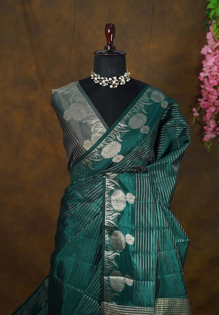 Hunter Green Zari Stripes Art Silk Saree with Zari detailing| SHOBITAM