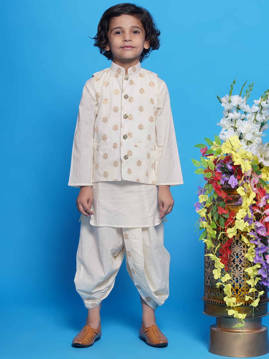 Cotton Sleevelees Golden Floral Embrodiery Nehru Jacket with Kurta and Dhoti - Cream | SHOBITAM