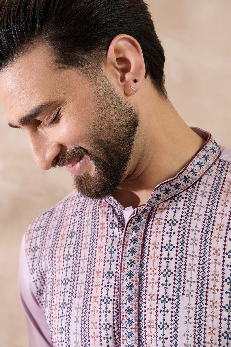 Lavender Silk Blend Embroidered Mandarin Collar Straight Kurta For Men | SHOBITAM