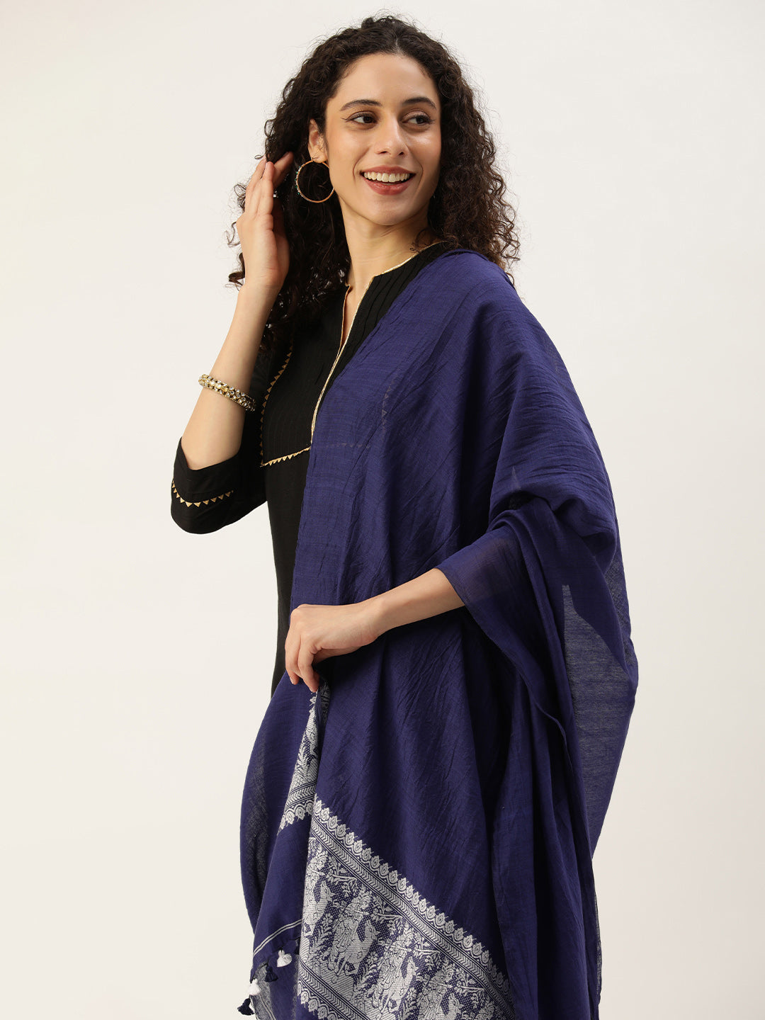 Indigo White Baluchari Silk cotton Dupatta | SHOBITAM