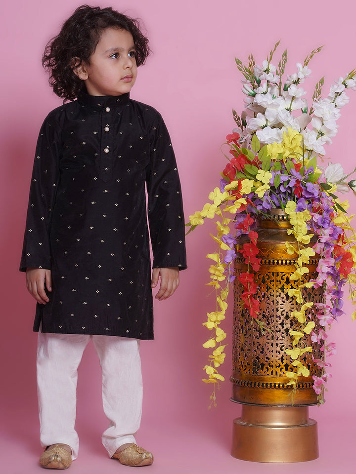 Cotton Silk Full Sleeves Zari Embroidered Kurta with Pyjama -Black | SHOBITAM