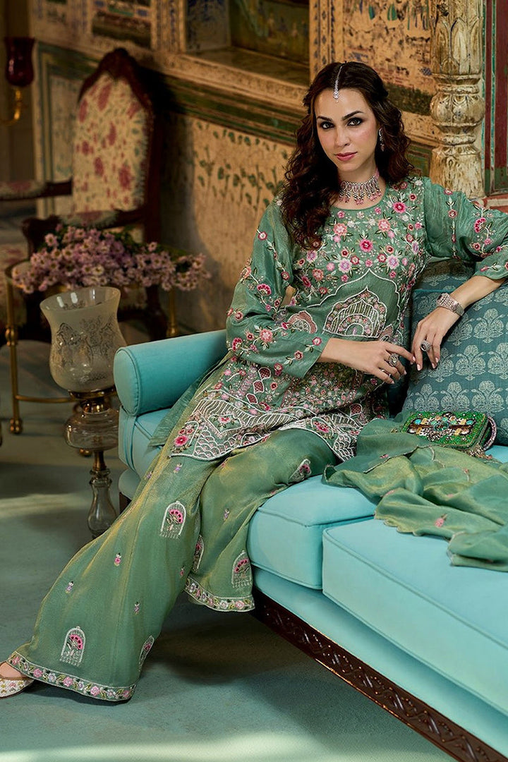 Green Solid Embroidered Straight Kurta Palaazo with Dupatta | SHOBITAM