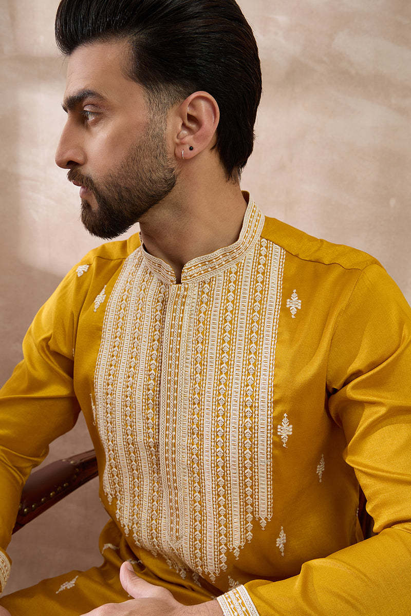Yellow Silk Blend Embroidered Mandarin Collar Straight Kurta | SHOBITAM