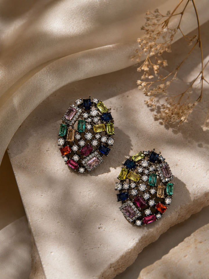 Multicolor Crystal Stud Black Rhodium Earrings | SHOBITAM