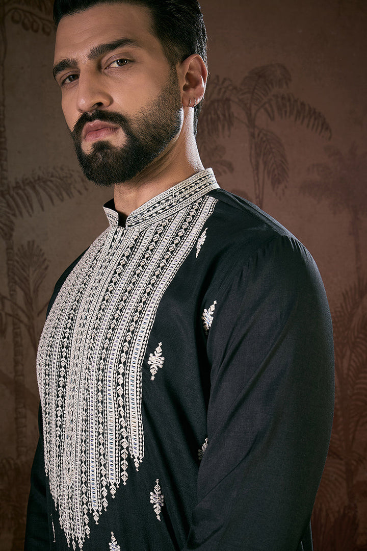 Black Silk Blend Solid Embroidered Straight Kurta With Trouser | SHOBITAM