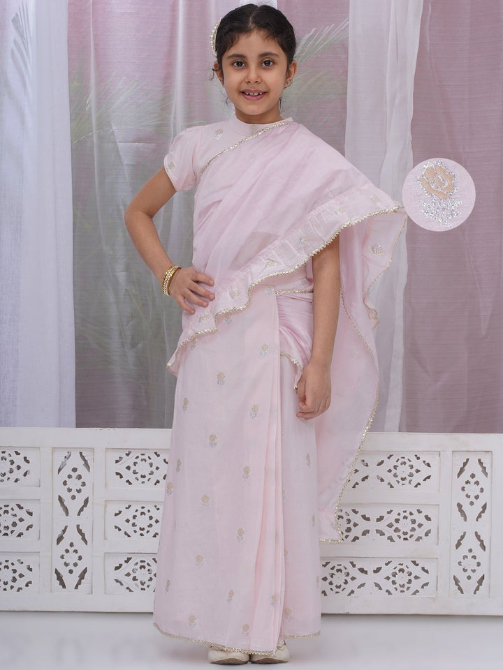 Girls Cotton Puff Sleeves Rose Embroidery Ready to wear Blouse with Ready to wear Chanderi Ruffle Saree - Pink | SHOBITAM