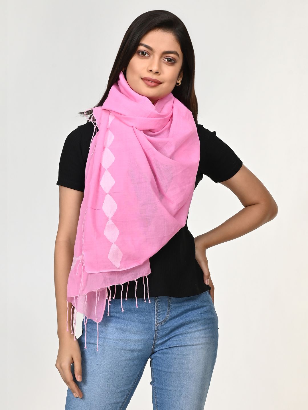 Pretty Pink white Jamdani Cotton Stole | SHOBITAM