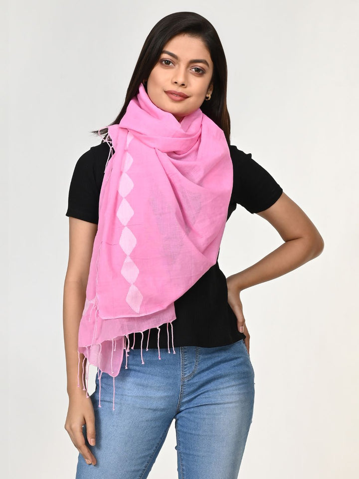 Pretty Pink white Jamdani Cotton Stole | SHOBITAM