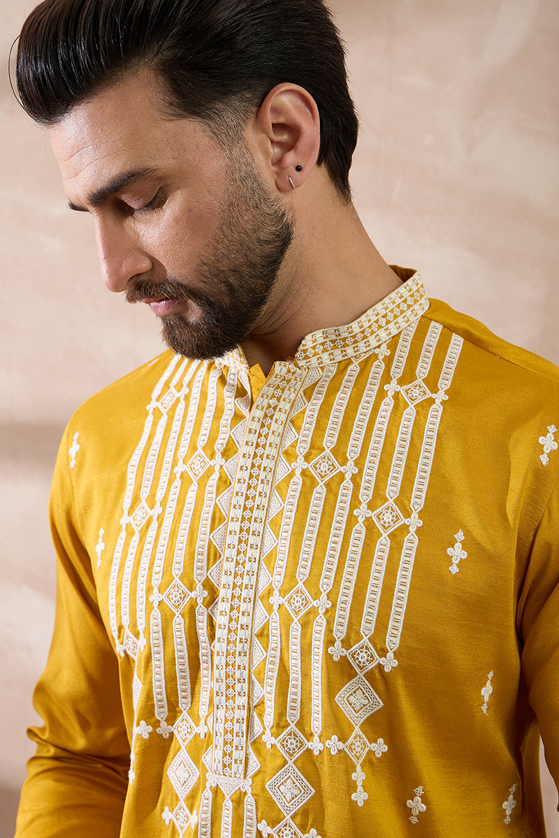 Yellow Silk Blend Embroidered Mandarin Collar Straight Kurta | SHOBITAM
