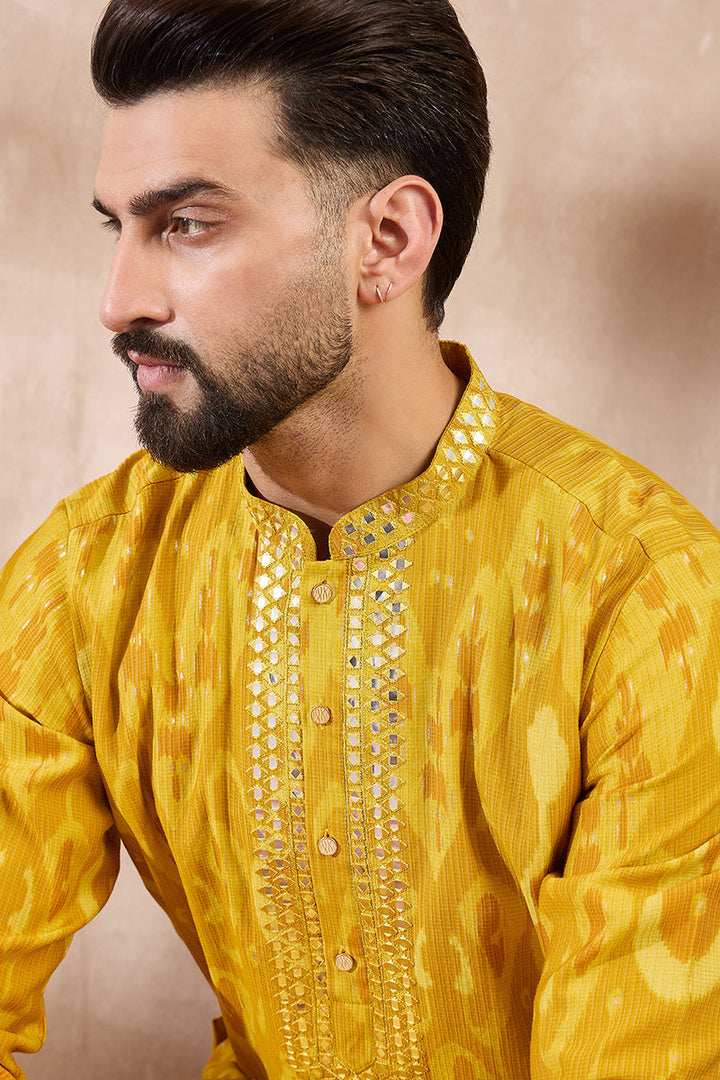 Yellow Viscose Rayon Chevron Printed Straight Kurta For Men | SHOBITAM