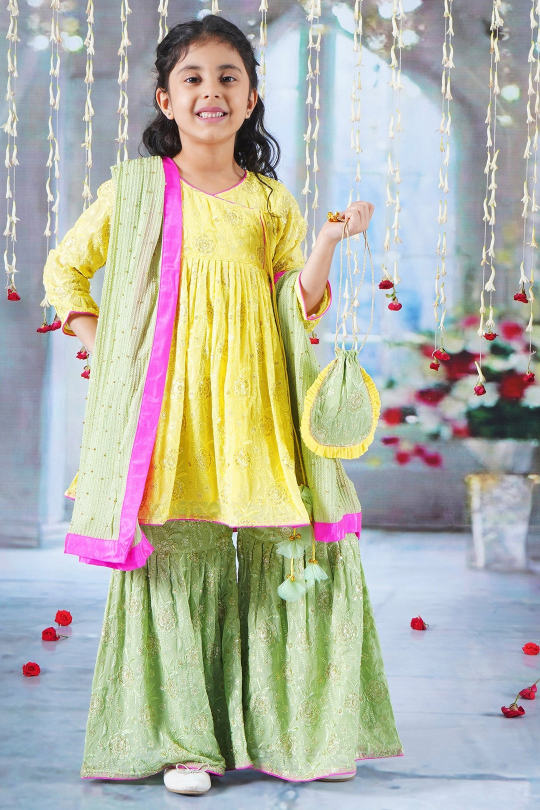 Girls Floral Embrodiery Angrakha Kurta with Sharara, Dupatta and Hand made Potli with Ghungroo work Tassel | SHOBITAM