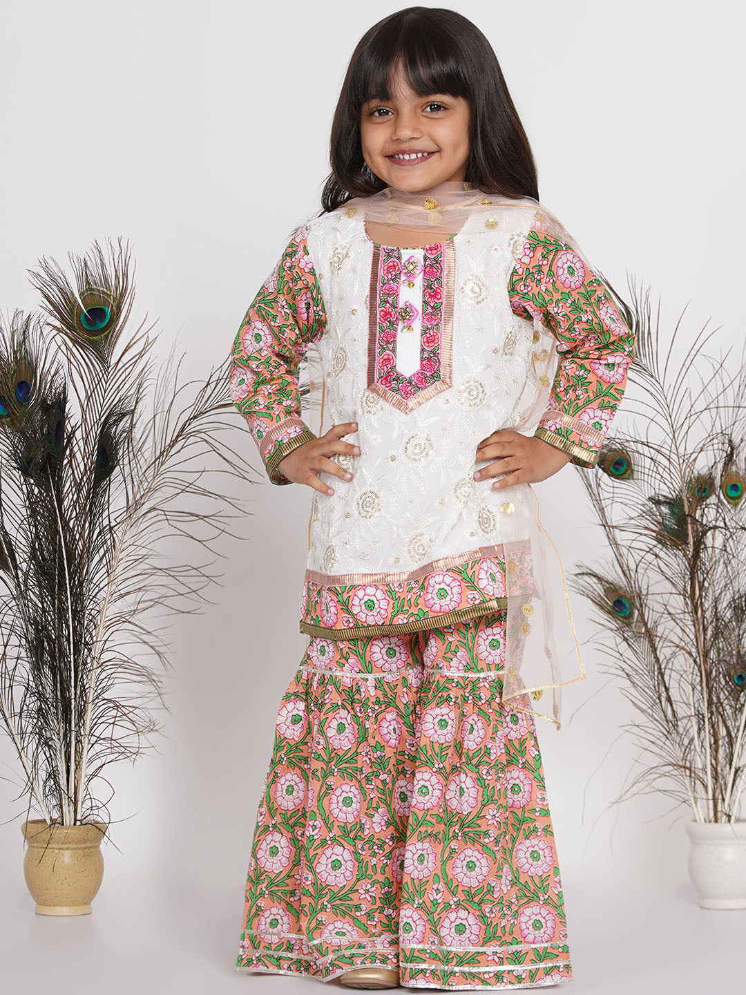 Girls Floral Embroidery Kurta with Floral Sharara & Dupatta- Orange Pink & White | SHOBITAM