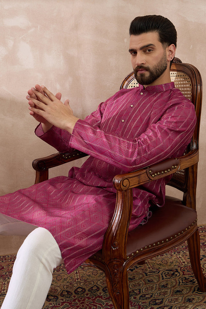 Pink Silk Blend Printed Mandarin Collar Straight Kurta | SHOBITAM