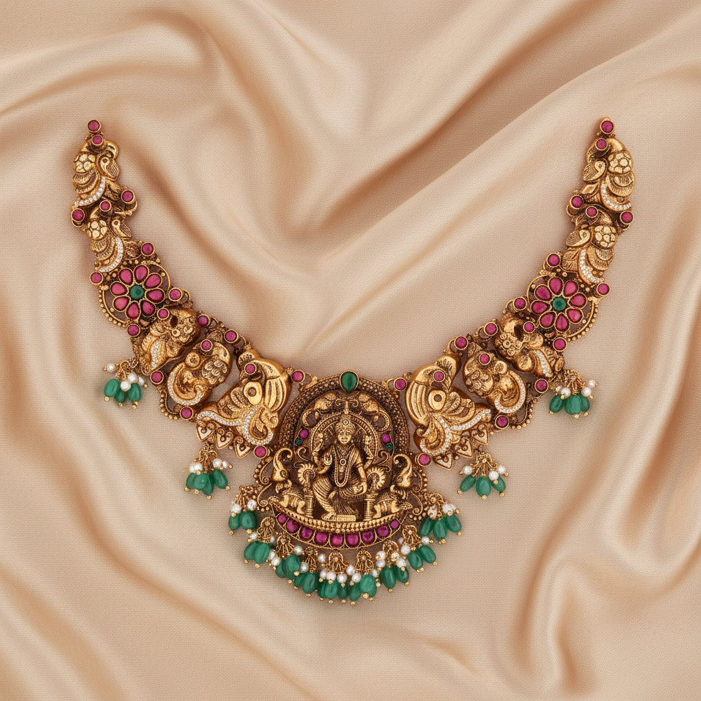 92.5 Silver, Gold Plated, Aasana Lakshmi Short Necklace