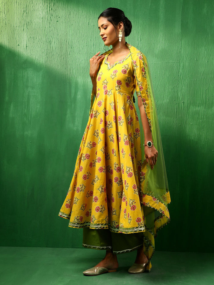 ADAA YELLOW COTTON ANARKALI SET | SHOBITAM