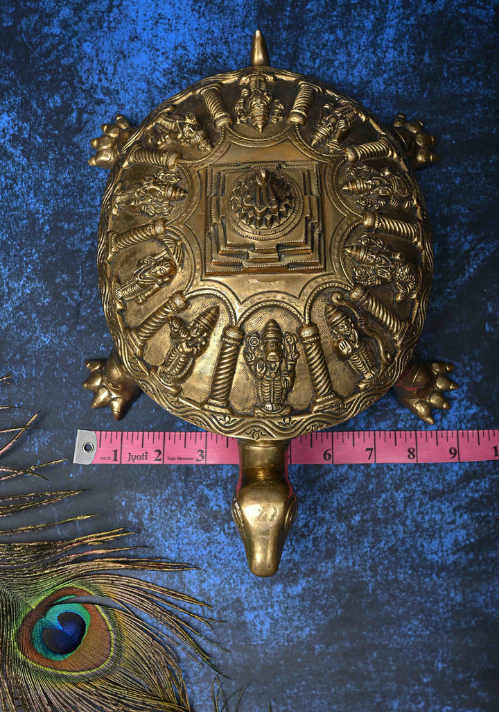 12" Brass Dashavataram Vaastu Turtle for Table Top Decor with 3D Lakshmi Yantra