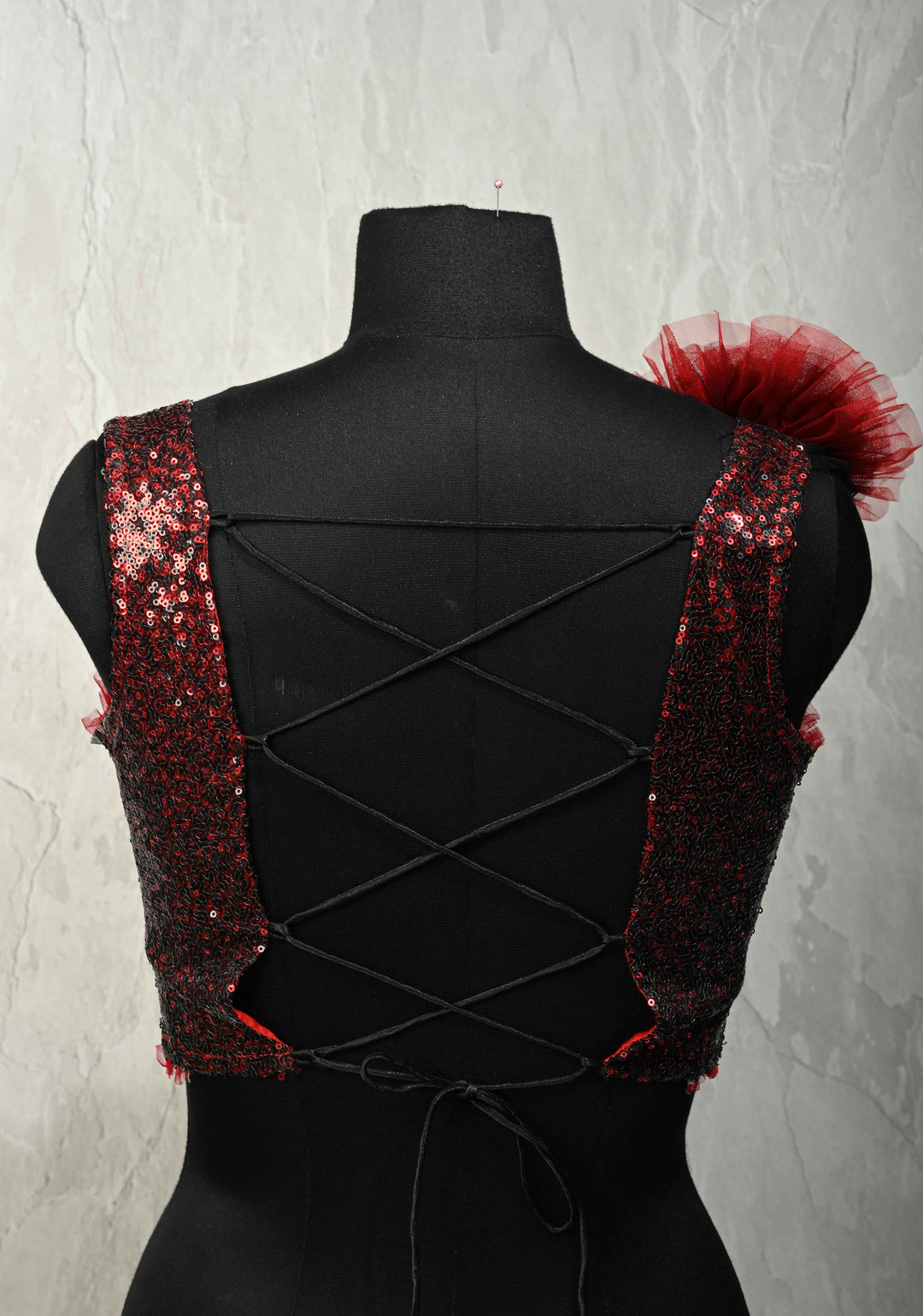 SIZE 36" Red & Black Sequin Corset Strappy Crop Top Blouse with Ruffled 3D Flower Detail and Lace-Up Back