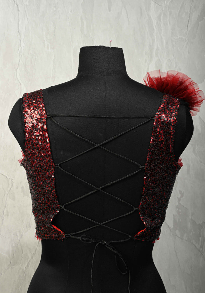 SIZE 36" Red & Black Sequin Corset Strappy Crop Top Blouse with Ruffled 3D Flower Detail and Lace-Up Back