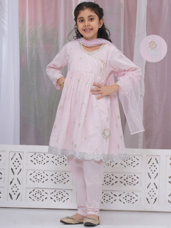 Girls Cotton Three Fourth Sleeves Angrakha Kurta with Pyjami and Net Dupatta with Floral Zari Work - Pink