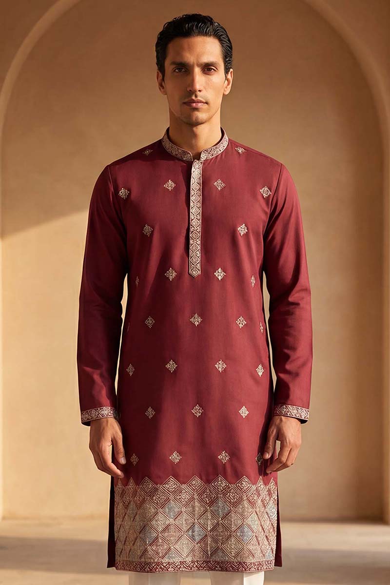 Silk Blend Maroon Solid Embroidered Calf Length Straight Kurta | SHOBITAM