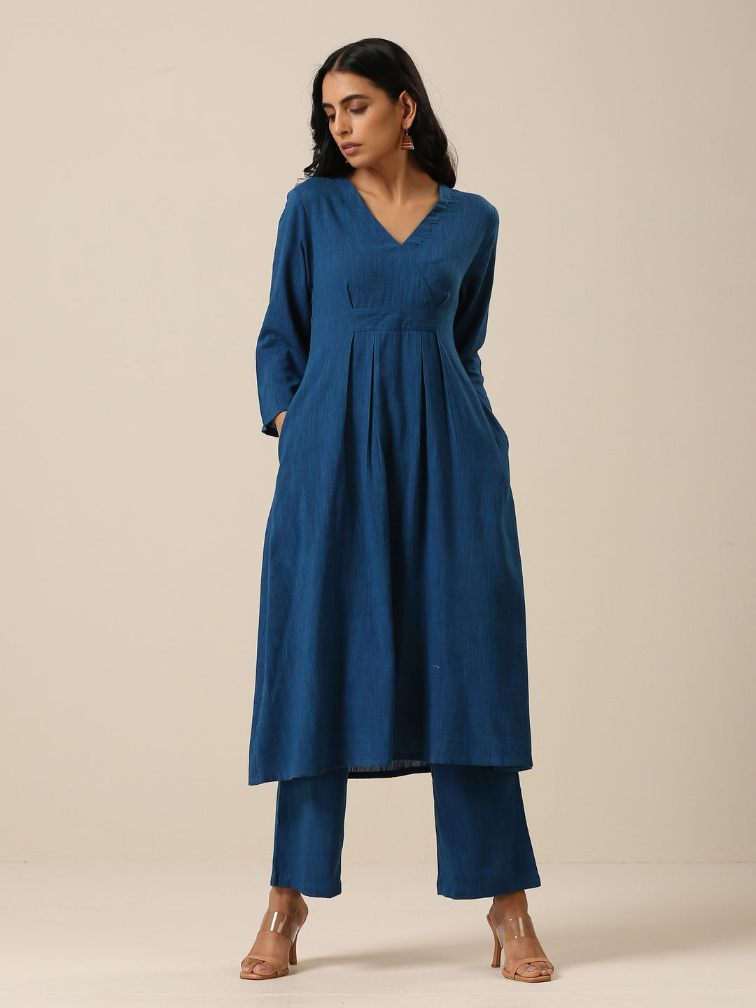 Classic Blue Slub Texture Overlap Pleat Kurta Pant Set  | SHOBITAM