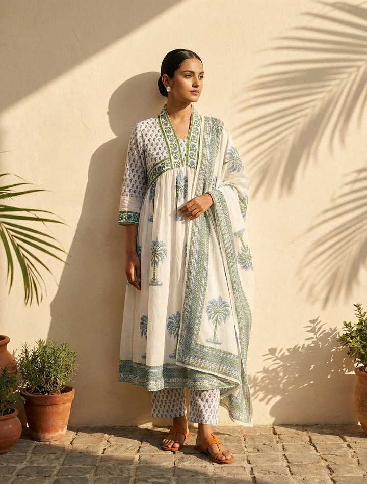 White Blue Printed Anarkali Kurta Pant Dupatta Set | SHOBITAM