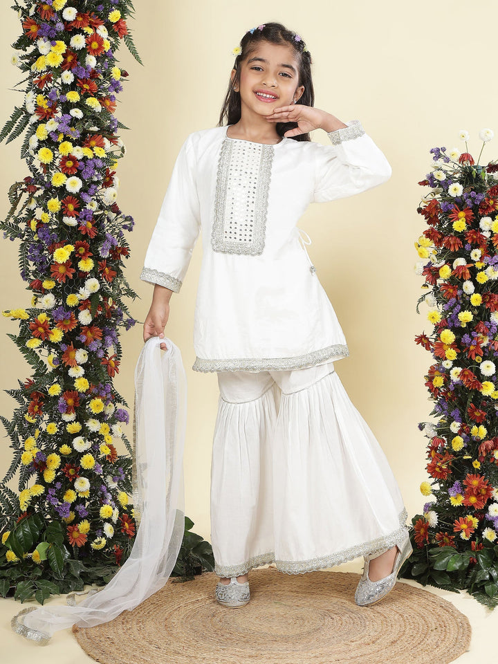 Cream Mirror Embroidered Semi-Silk Kurta with Cotton Sharara and Dupatta Set | SHOBITAM