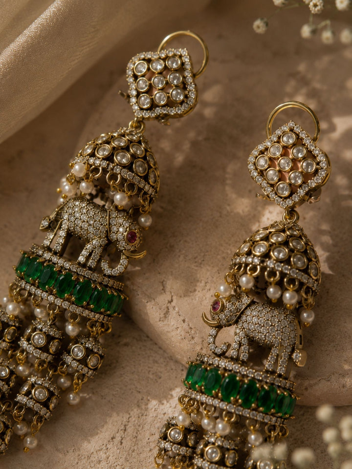 Elephant Pearl Green Jhumka Earrings | SHOBITAM