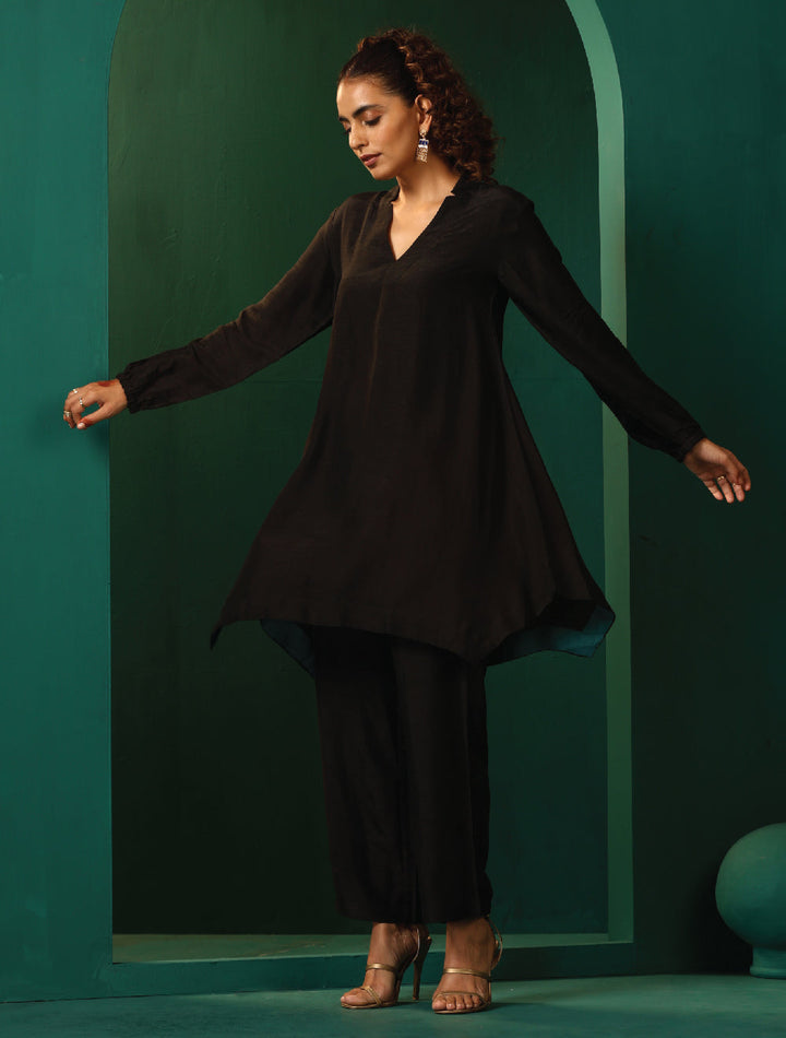 Black Silk Collar Co-ord Set  | SHOBITAM