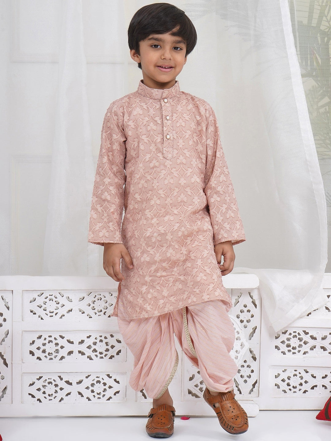 Boys Cotton Full Sleeves Self Weaving Kurta with Dhoti and Pearl Buttons - Mocha Brown | SHOBITAM