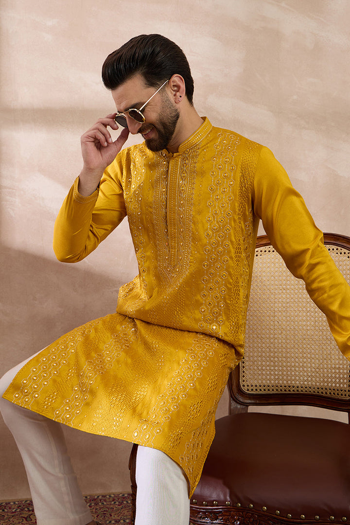 Mustard Silk Blend Embroidered Mandarin Collar Straight Kurta With Trouser| SHOBITAM