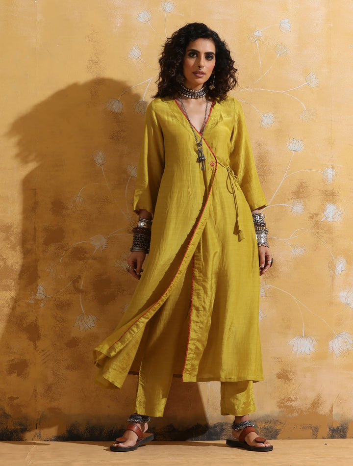 Lime Muslin Silk Angrakha Kurta Pant Set  | SHOBITAM