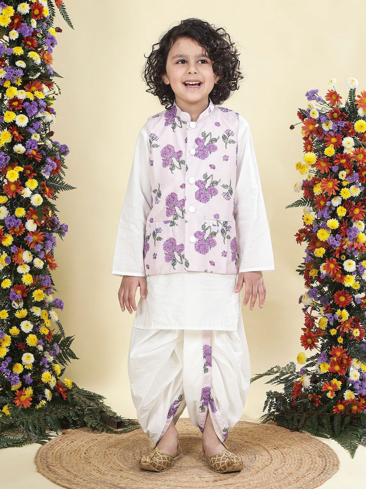 Baby Purple Floral Muslin Nehru Jacket with Cream Cotton Kurta Dhoti Set | SHOBITAM