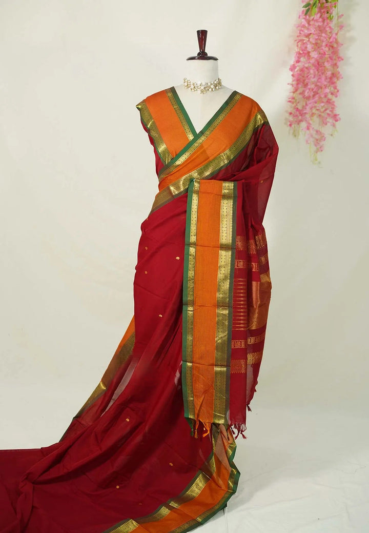 Maroon Pure mercerized silk cotton with buttas and rettapet border | SHOBITAM