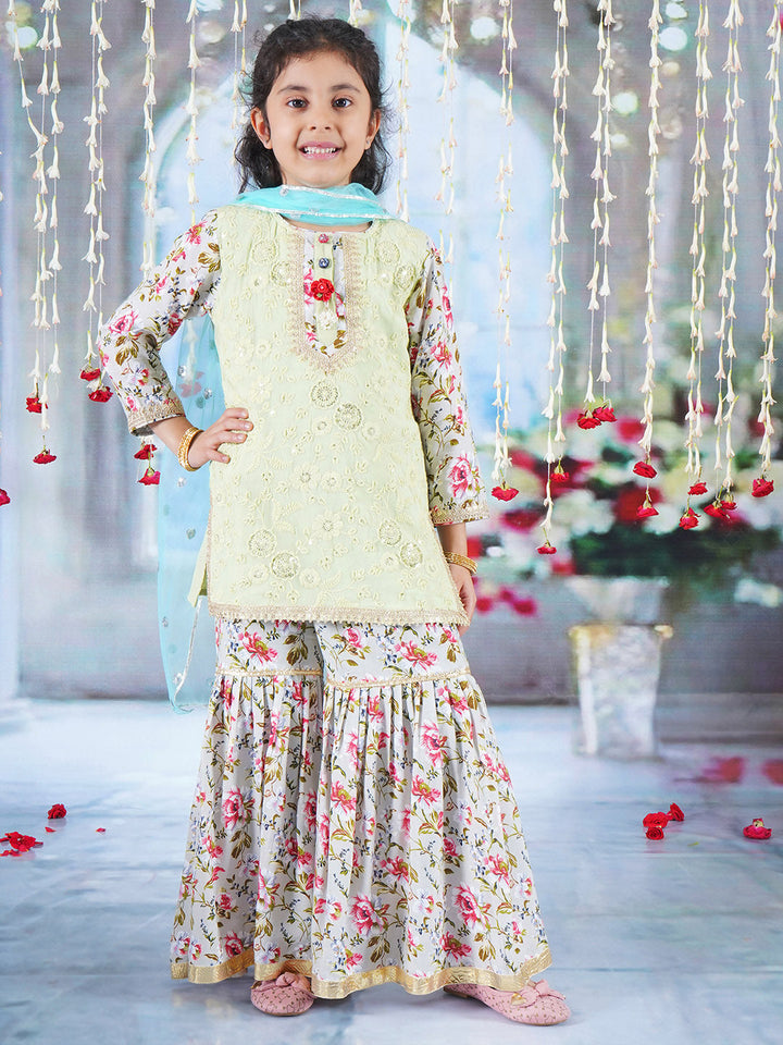Girls Cotton Full Sleeves Kurta Sharara and Dupatta with Garden Rose Print, Floral Embroidery, Lace & Floral Work - Antique Green | SHOBITAM