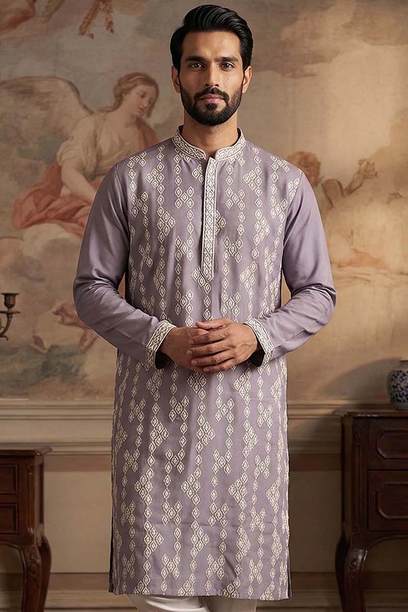 Silk Blend Lavender Solid Embroidered Calf Length Straight Kurta | SHOBITAM