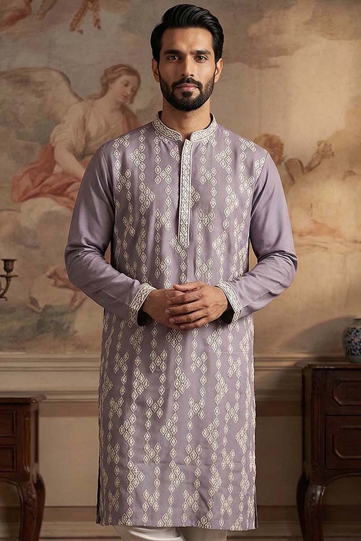 Silk Blend Lavender Solid Embroidered Calf Length Straight Kurta | SHOBITAM