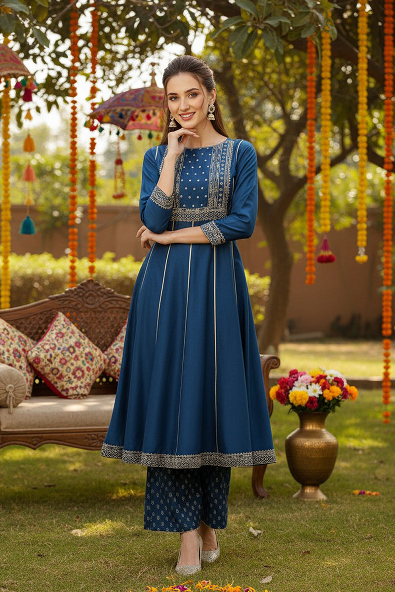 Teal Blue Silk Blend Ethnic Motifs Anarkali Suit Set | SHOBITAM