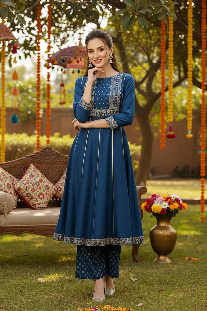 Teal Blue Silk Blend Ethnic Motifs Anarkali Suit Set | SHOBITAM