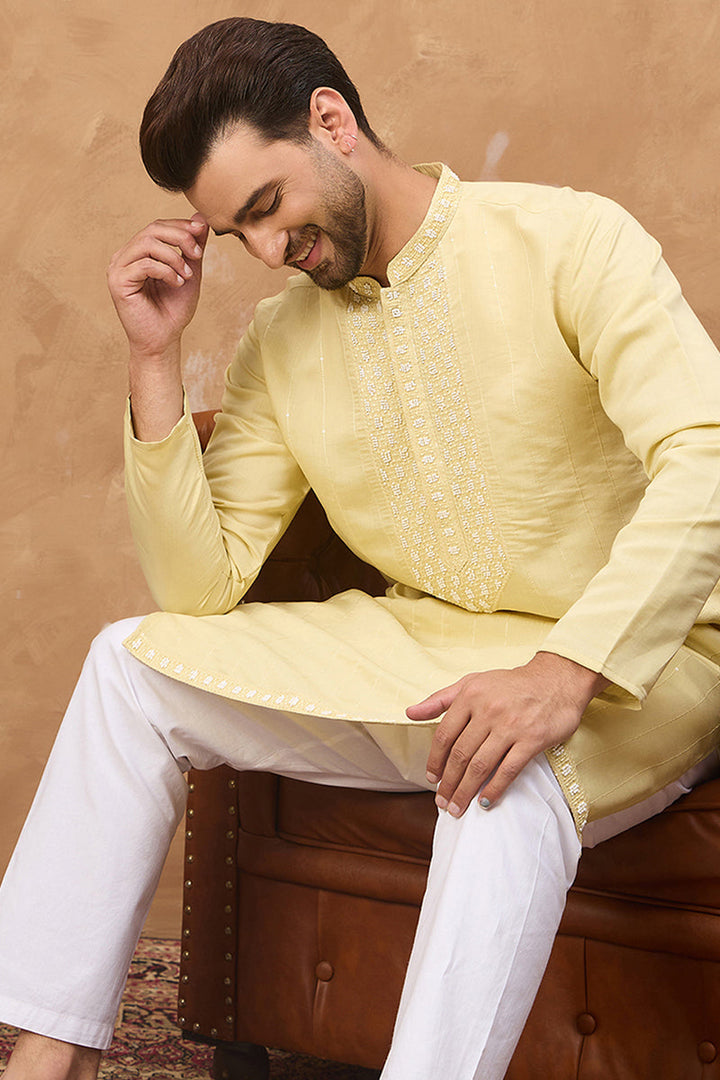Yellow Silk Blend Solid Embroidered Straight Kurta  | SHOBITAM