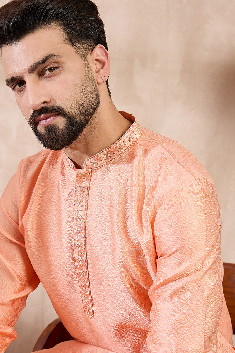 Peach Silk Blend Solid Embroidered Straight Kurta | SHOBITAM