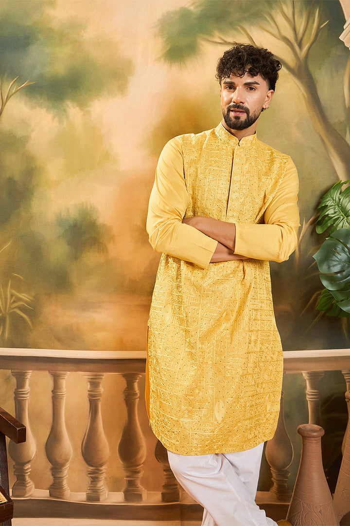 Yellow Silk Blend Solid Embroidered Straight Kurta | SHOBITAM