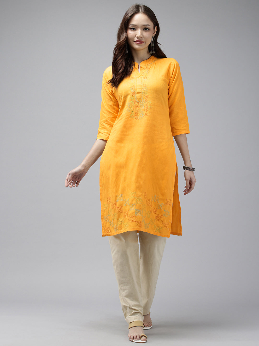 Yellow Kantha Cotton Kurta | SHOBITAM