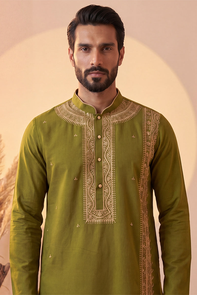 Mens Green Silk Blend Solid Emboidered Straight Kurta With Trouser | SHOBITAM