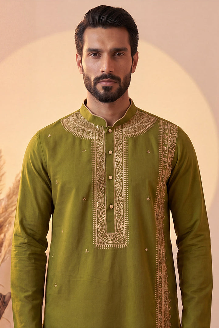 Mens Green Silk Blend Solid Emboidered Straight Kurta With Trouser | SHOBITAM